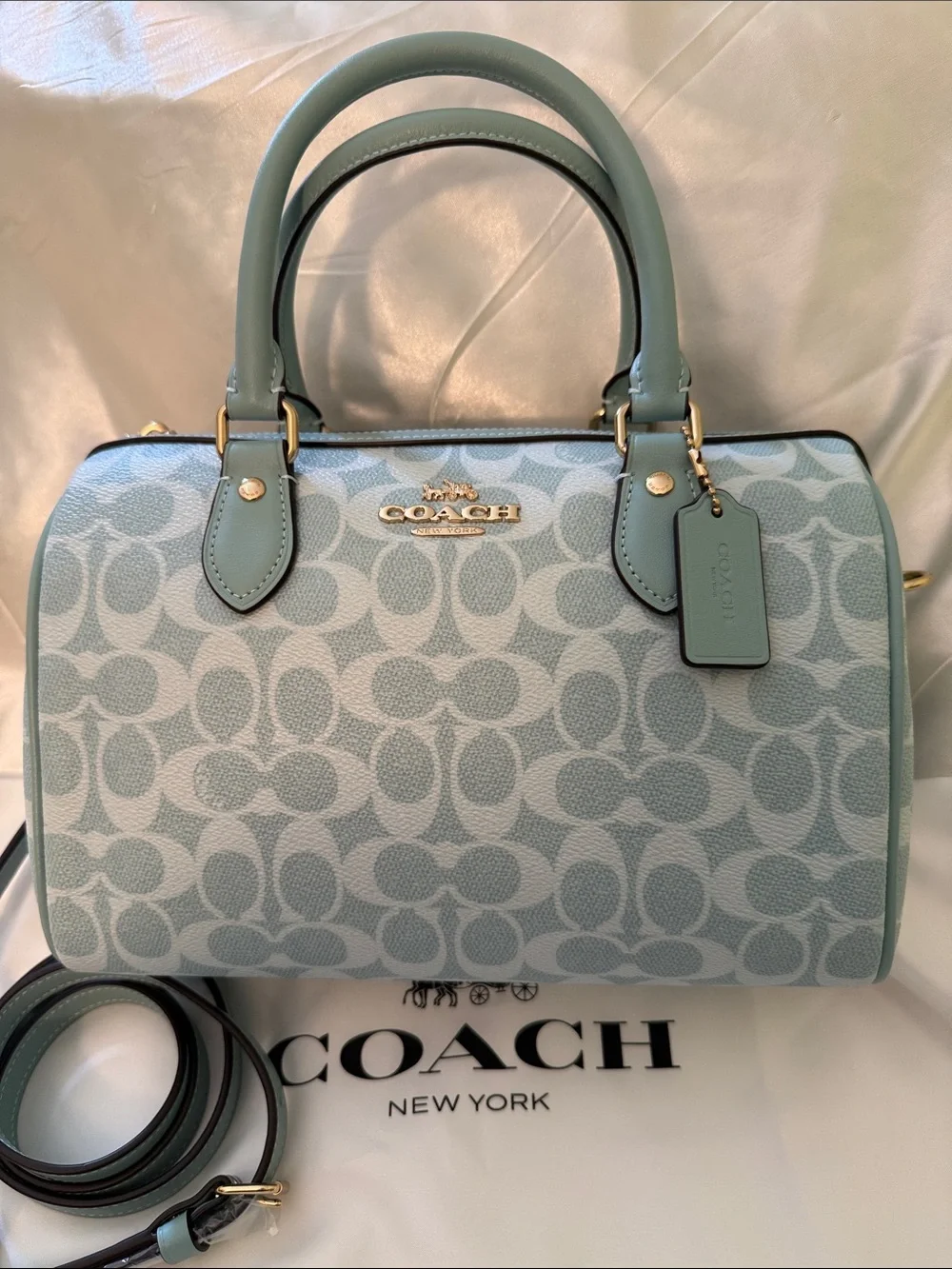 🩵Coach NWT Light Blue Signature C Canvas Rowan Satchel with Gold Hardware